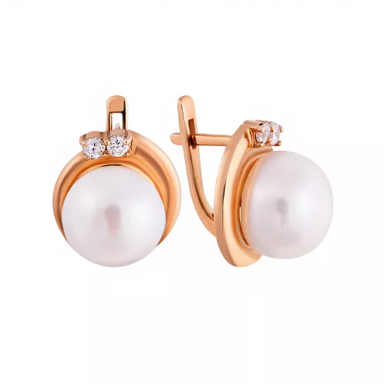 Серьги с жемчугом и фианитом из золота